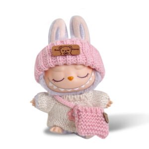 Fashion Dress -  Pink knitted hat + white floral sweater + pink knitted bag